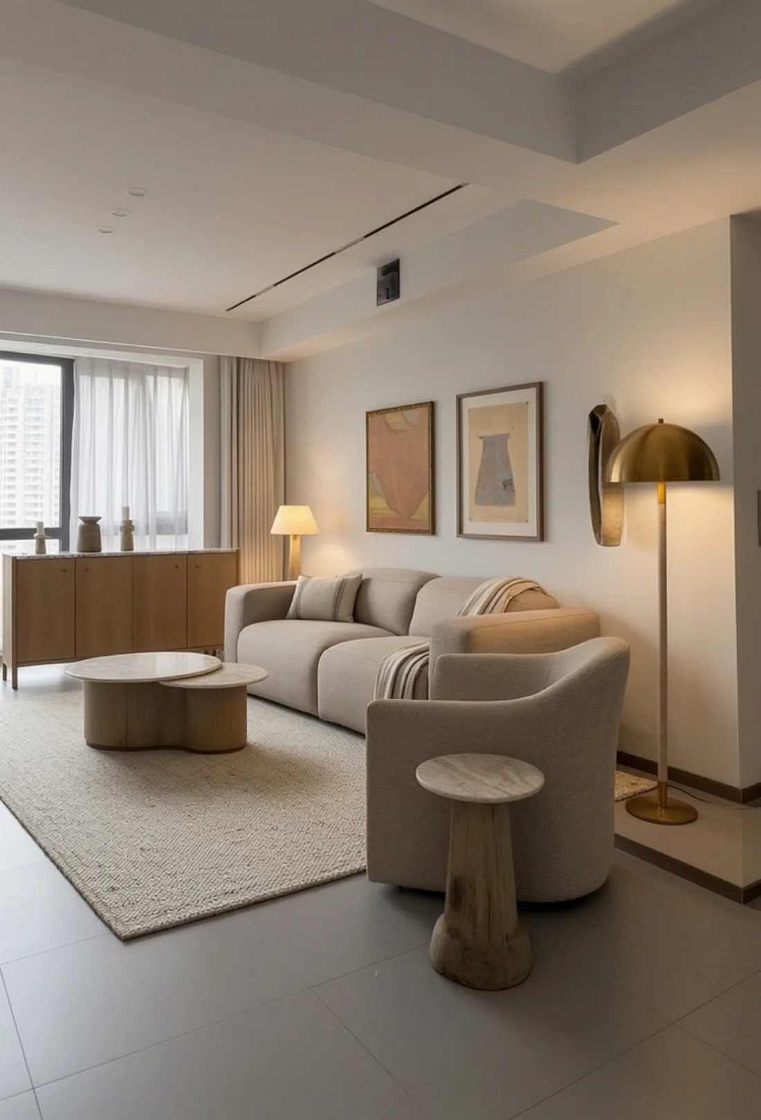Living-room render with sofa, chair and tables brought together