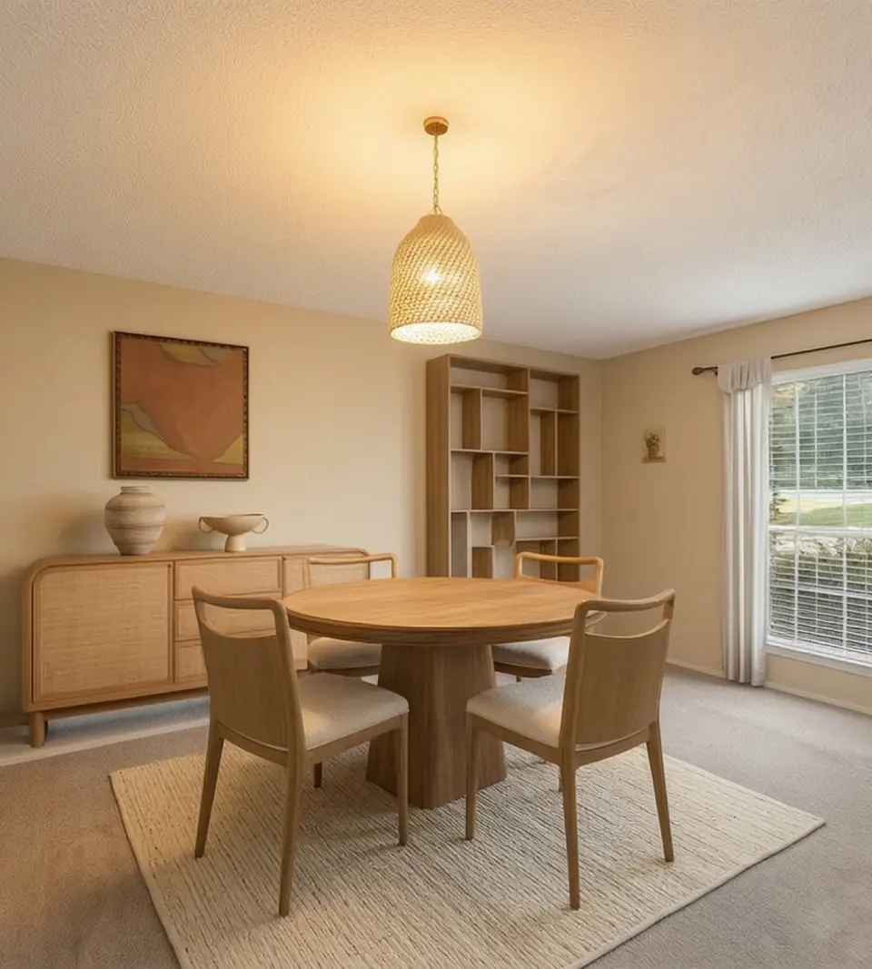 Finished dining-room design with an oak dining set and woven pendant light