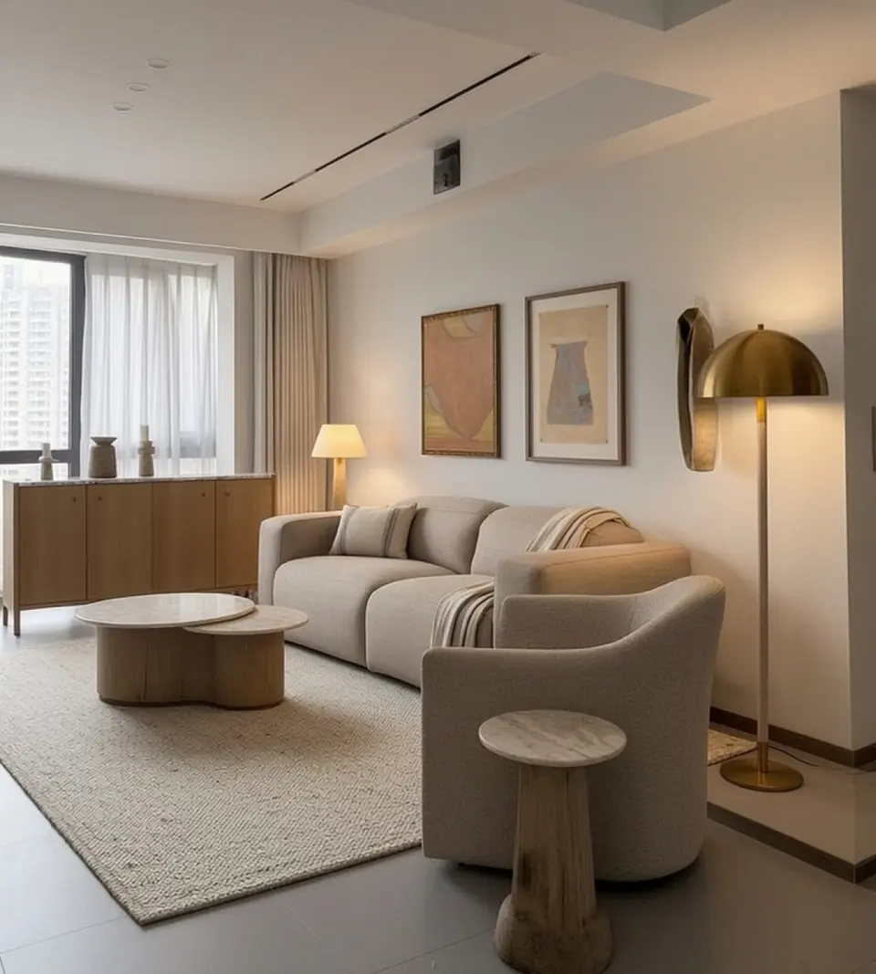 Finished living-room design with a curved sofa, oak furniture and warm lighting