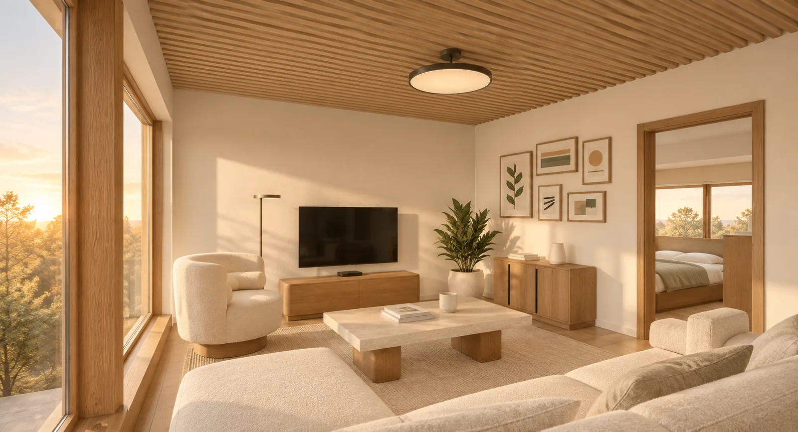 Sunset living room with five distinct gallery-wall artworks above the sideboard, a timber-slat ceiling, and an armchair beside the window